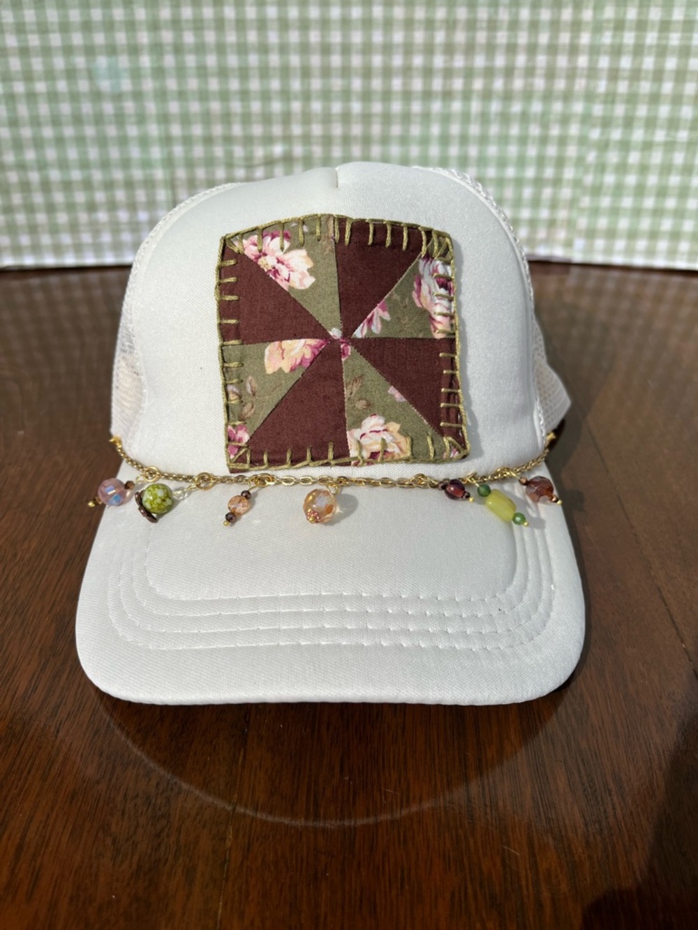 Patchwork Trucker Hat and Beaded Chain - Floral pinwheel
